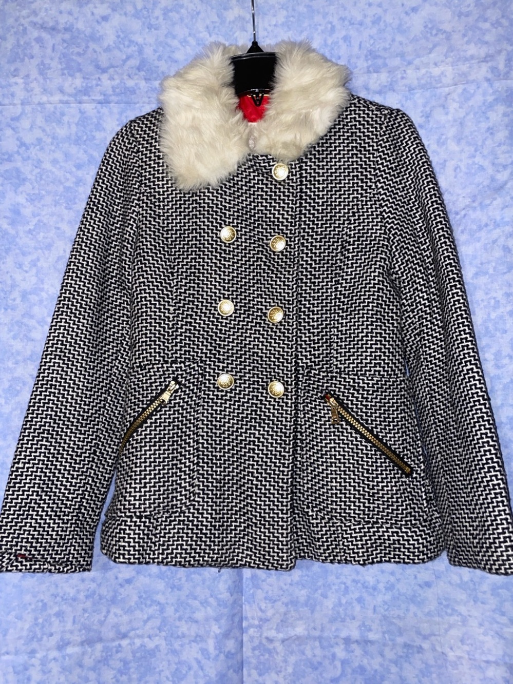 Jessica Simpson Girls Black & White Herringbone Pea Coat
